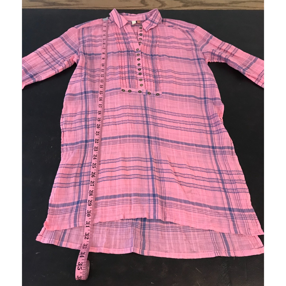 Anthro Pilcro Plaid Tunic XS Pink Blue Henley Pintuck High Low Shirt - Picture 5 of 11